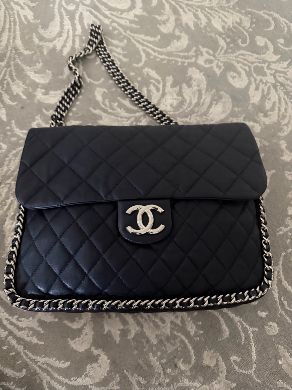 CHANEL Black Quilted Double Flap Shoulder Bag with Silver Chain